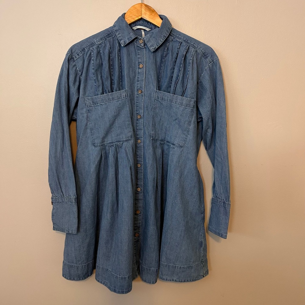 Free People Denim Long-Sleeve Button-Front Tunic Dress - Blue